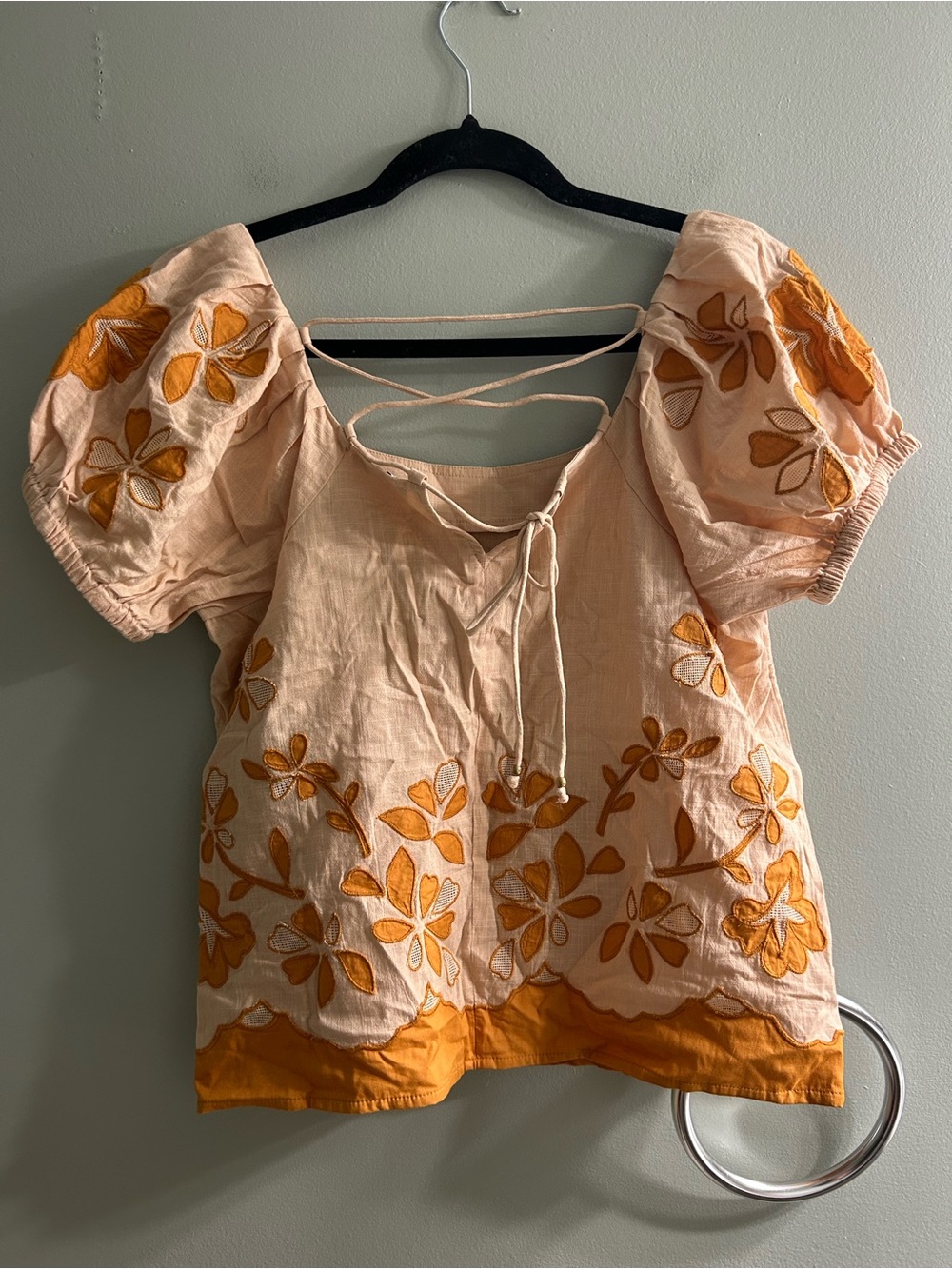 NWT Madewell Embroidered Lace Up Back Top Puff Sleeves Orange Peach Floral - Picture 7 of 7